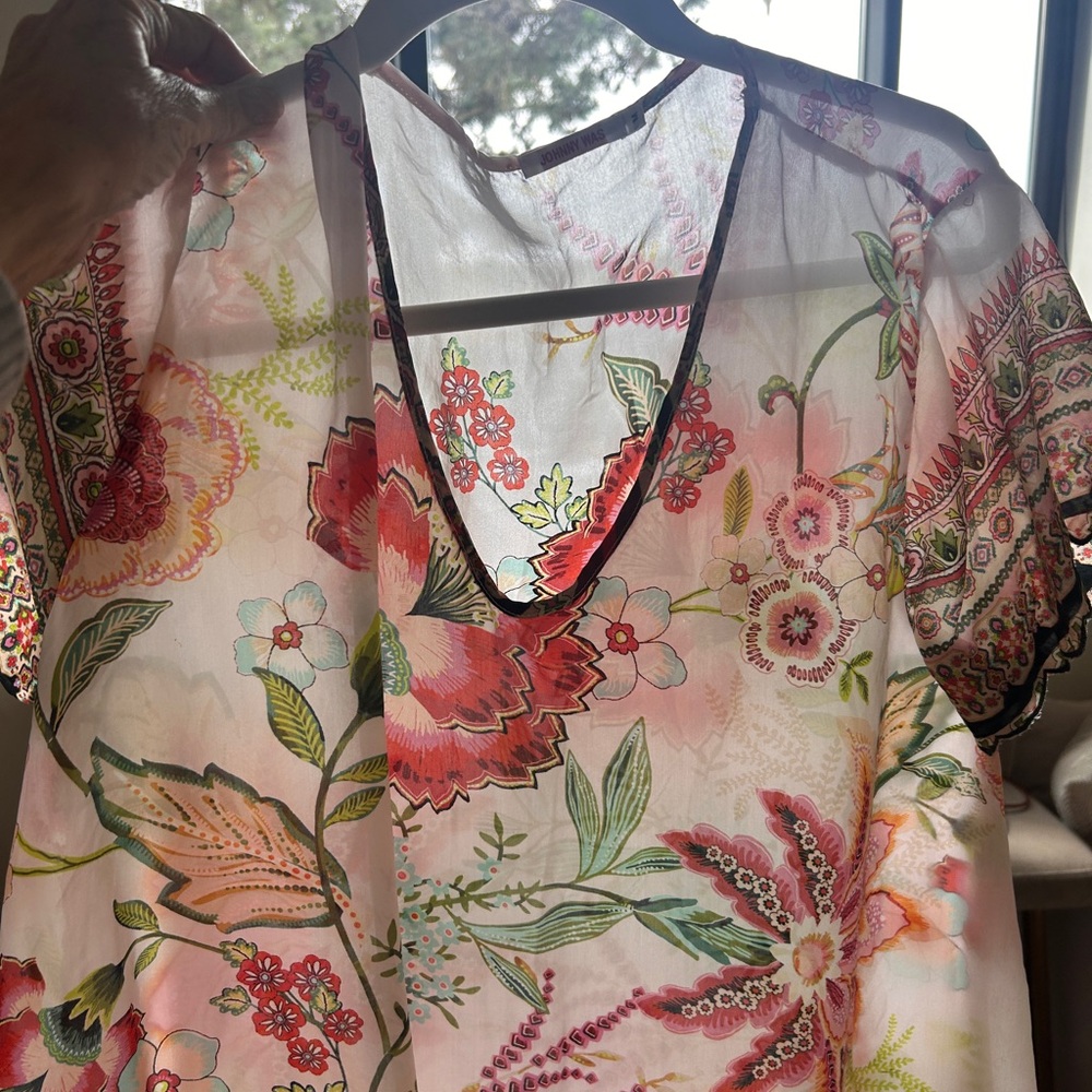 Johnny Was Colorful Pattern on white Silk Tunic